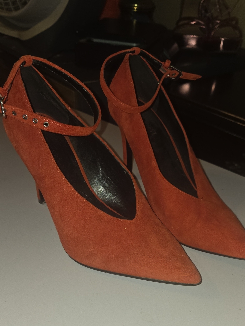 Nine West Rust Suede Pointed-Toe Ankle-Strap Heels
